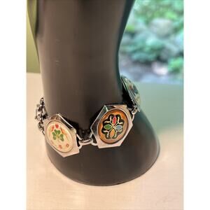 Vintage Hoffman Hex Signs Pennsylvania Dutch Enamel Link Bracelet Silver Tone